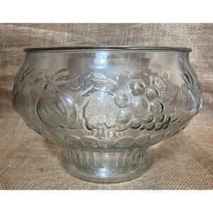 Glass Fruit Bowl Fruit Etching 10" Diameter Clear Molded Grapes Apples Pears Pea